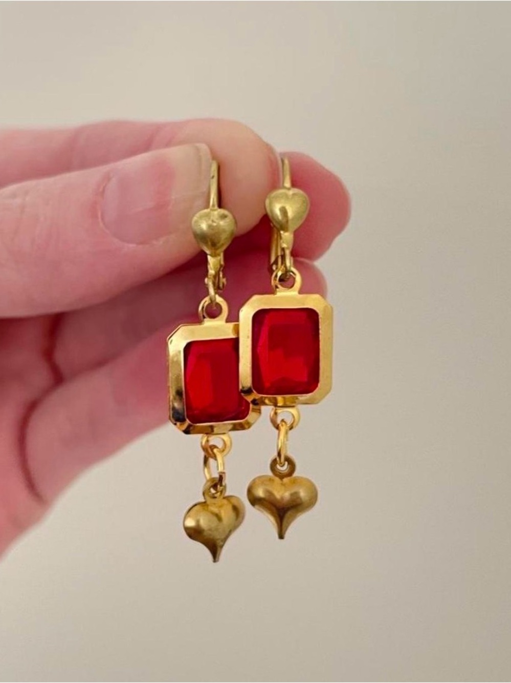 Gold-tone Red Gemstone Dangle Heart Earrings
